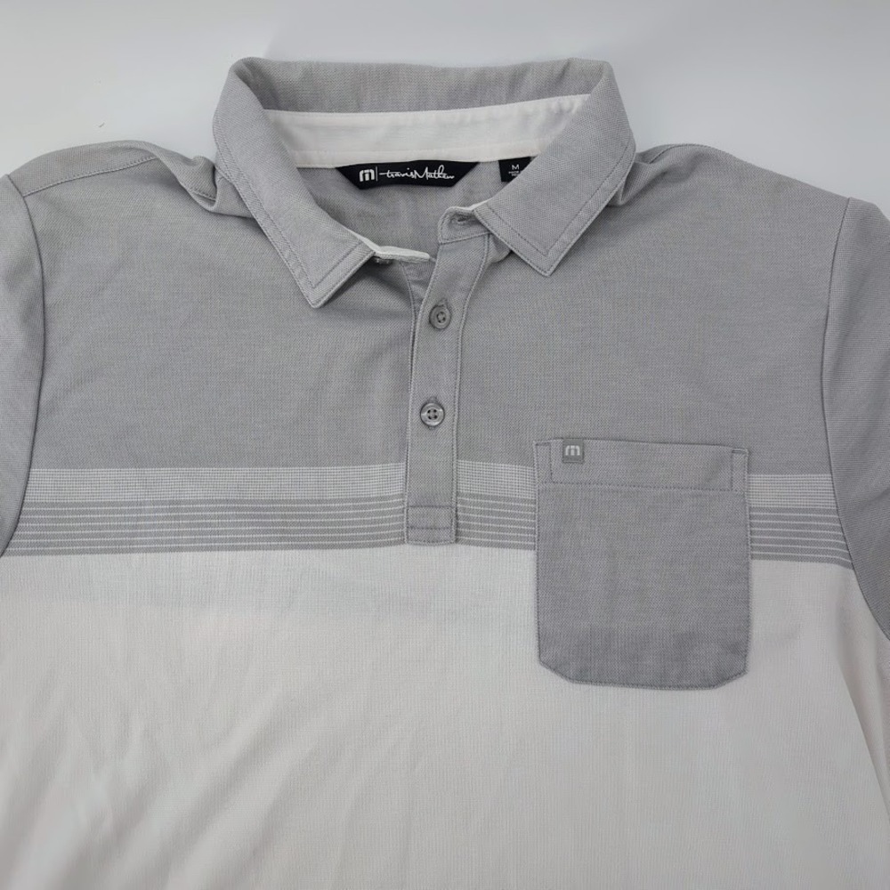 TravisMathew Polo Shirt Men Medium Gray White Colorblock Pocket Golf Casual Golf - Picture 2 of 9